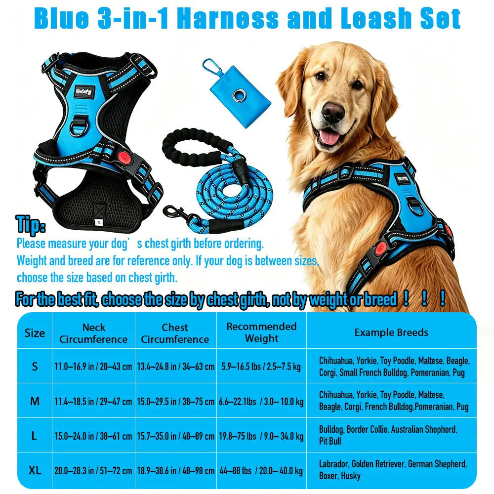 HELETY 3-in-1 Adjustable No-Pull Dog Vest Harness and Leash Set, Available in S-XL, Features Dual D-Ring Clips, 360° Reflective Design, Padded Chest, Durable Oxford Fabric, Night Safety, Integrated Poop Bag Holder, and Tangle-Free Bungee Strap for Running.
