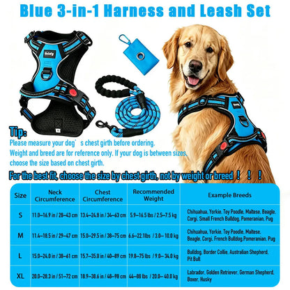 HELETY 3-in-1 Adjustable No-Pull Dog Vest Harness and Leash Set, Available in S-XL, Features Dual D-Ring Clips, 360° Reflective Design, Padded Chest, Durable Oxford Fabric, Night Safety, Integrated Poop Bag Holder, and Tangle-Free Bungee Strap for Running.