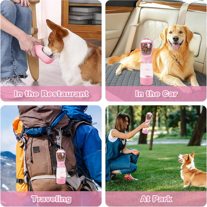 3-In-1 Portable Pet Water Bottle with Leak-Proof Storage & Built-In Poop Bag Dispenser. Ideal for Travel, Hiking and Outdoor Walks with Pets. Easy to Take Apart, Simple to Clean, Practical and Hassle-Free for Daily Outings. Dry Food Feeding