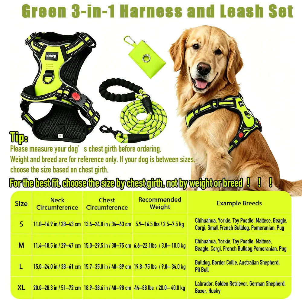 HELETY 3-in-1 Adjustable No-Pull Dog Vest Harness and Leash Set, Available in S-XL, Features Dual D-Ring Clips, 360° Reflective Design, Padded Chest, Durable Oxford Fabric, Night Safety, Integrated Poop Bag Holder, and Tangle-Free Bungee Strap for Running.