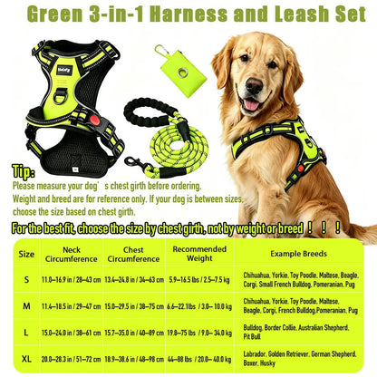 HELETY 3-in-1 Adjustable No-Pull Dog Vest Harness and Leash Set, Available in S-XL, Features Dual D-Ring Clips, 360° Reflective Design, Padded Chest, Durable Oxford Fabric, Night Safety, Integrated Poop Bag Holder, and Tangle-Free Bungee Strap for Running.