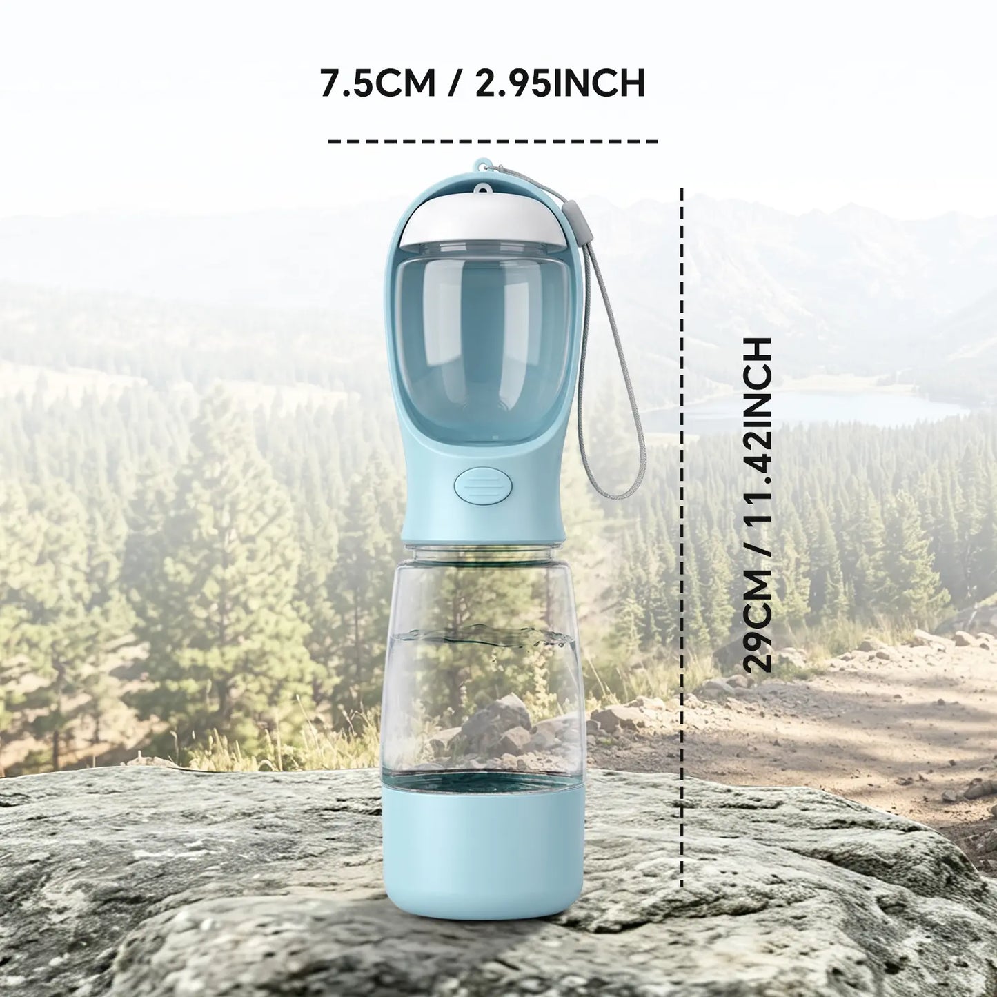 Portable 3-in-1 Leak-Proof Dog Water Bottle with Food Container and Built-In Waste Bag Dispenser, Includes 2 Rolls of 30 Waste Bags, Ideal for Travel, Walking, and Hiking (29cm x 7.5cm / 11.42in x 2.95in)