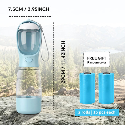 Portable 3-in-1 Leak-Proof Dog Water Bottle with Food Container and Built-In Waste Bag Dispenser, Includes 2 Rolls of 30 Waste Bags, Ideal for Travel, Walking, and Hiking (29cm x 7.5cm / 11.42in x 2.95in)