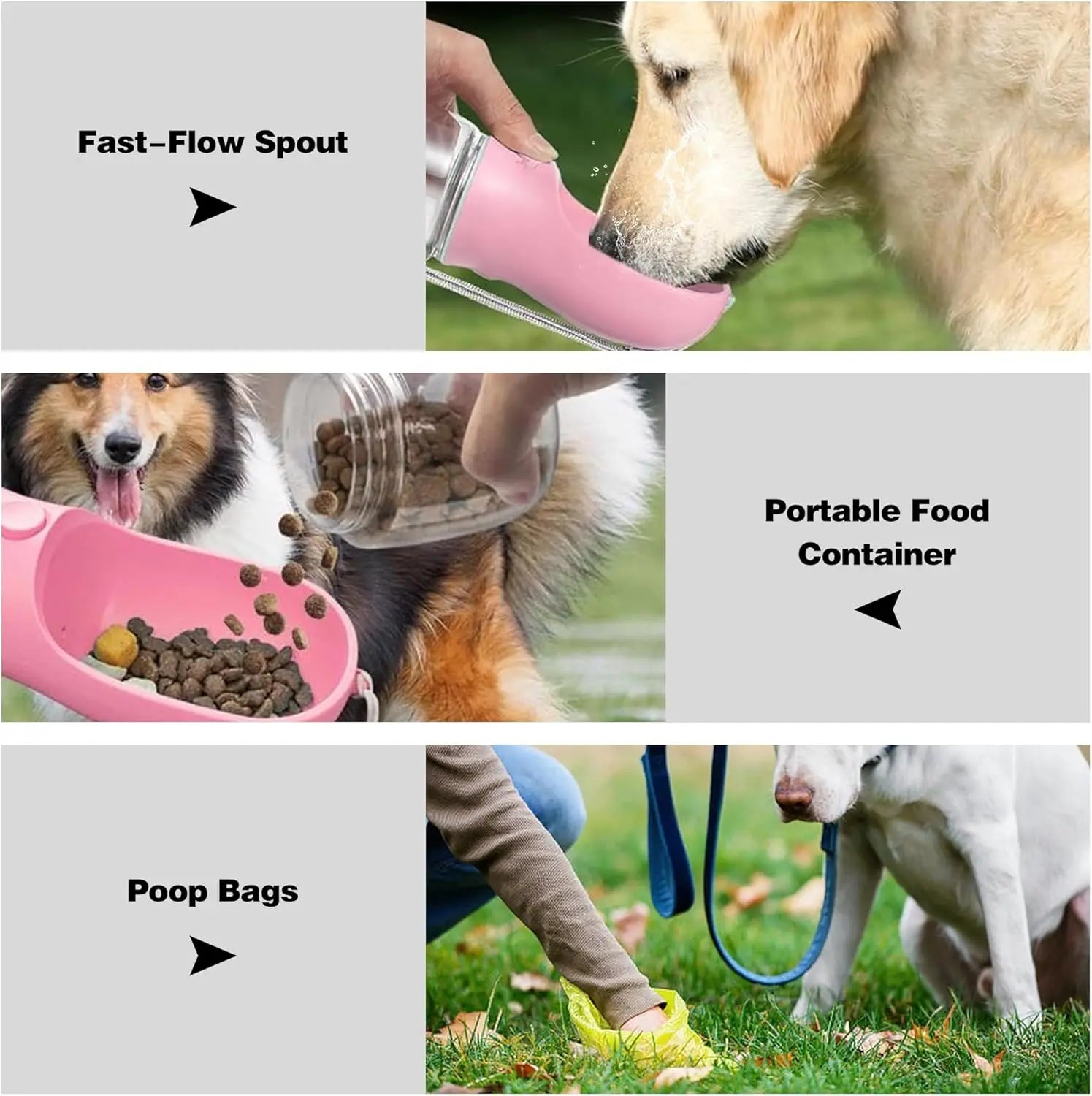 3-In-1 Portable Pet Water Bottle with Leak-Proof Storage & Built-In Poop Bag Dispenser. Ideal for Travel, Hiking and Outdoor Walks with Pets. Easy to Take Apart, Simple to Clean, Practical and Hassle-Free for Daily Outings. Dry Food Feeding