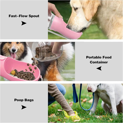 3-In-1 Portable Pet Water Bottle with Leak-Proof Storage & Built-In Poop Bag Dispenser. Ideal for Travel, Hiking and Outdoor Walks with Pets. Easy to Take Apart, Simple to Clean, Practical and Hassle-Free for Daily Outings. Dry Food Feeding