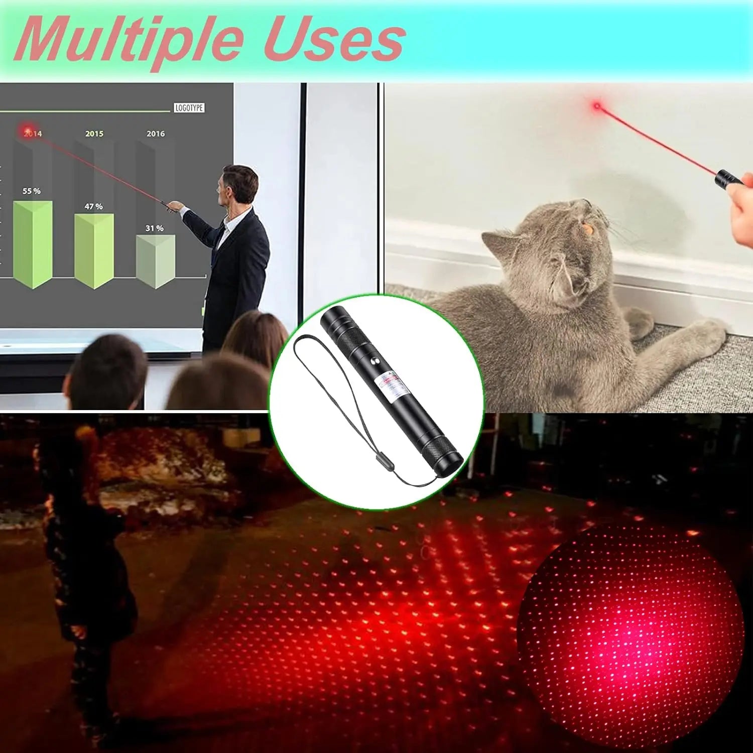 Rechargeable Green Laser Cat Toy and Long-Distance Line Light Flashlight for Pets, Presentations, and Outdoor Use