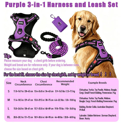 HELETY 3-in-1 Adjustable No-Pull Dog Vest Harness and Leash Set, Available in S-XL, Features Dual D-Ring Clips, 360° Reflective Design, Padded Chest, Durable Oxford Fabric, Night Safety, Integrated Poop Bag Holder, and Tangle-Free Bungee Strap for Running.