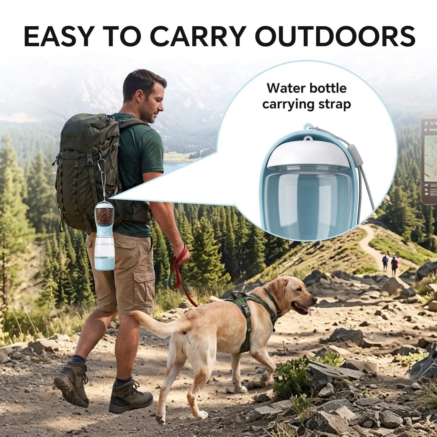 Portable 3-in-1 Leak-Proof Dog Water Bottle with Food Container and Built-In Waste Bag Dispenser, Includes 2 Rolls of 30 Waste Bags, Ideal for Travel, Walking, and Hiking (29cm x 7.5cm / 11.42in x 2.95in)