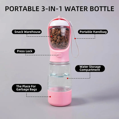 3-In-1 Portable Pet Water Bottle with Leak-Proof Storage & Built-In Poop Bag Dispenser. Ideal for Travel, Hiking and Outdoor Walks with Pets. Easy to Take Apart, Simple to Clean, Practical and Hassle-Free for Daily Outings. Dry Food Feeding