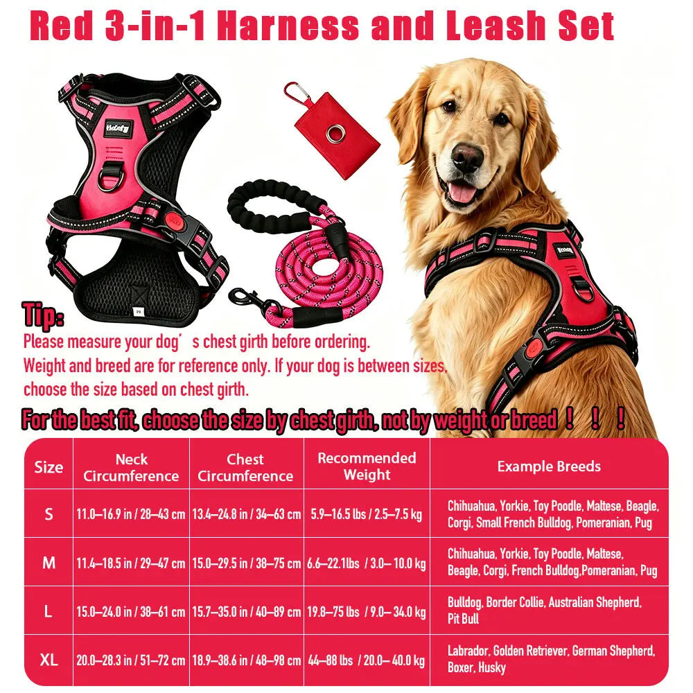 HELETY 3-in-1 Adjustable No-Pull Dog Vest Harness and Leash Set, Available in S-XL, Features Dual D-Ring Clips, 360° Reflective Design, Padded Chest, Durable Oxford Fabric, Night Safety, Integrated Poop Bag Holder, and Tangle-Free Bungee Strap for Running.
