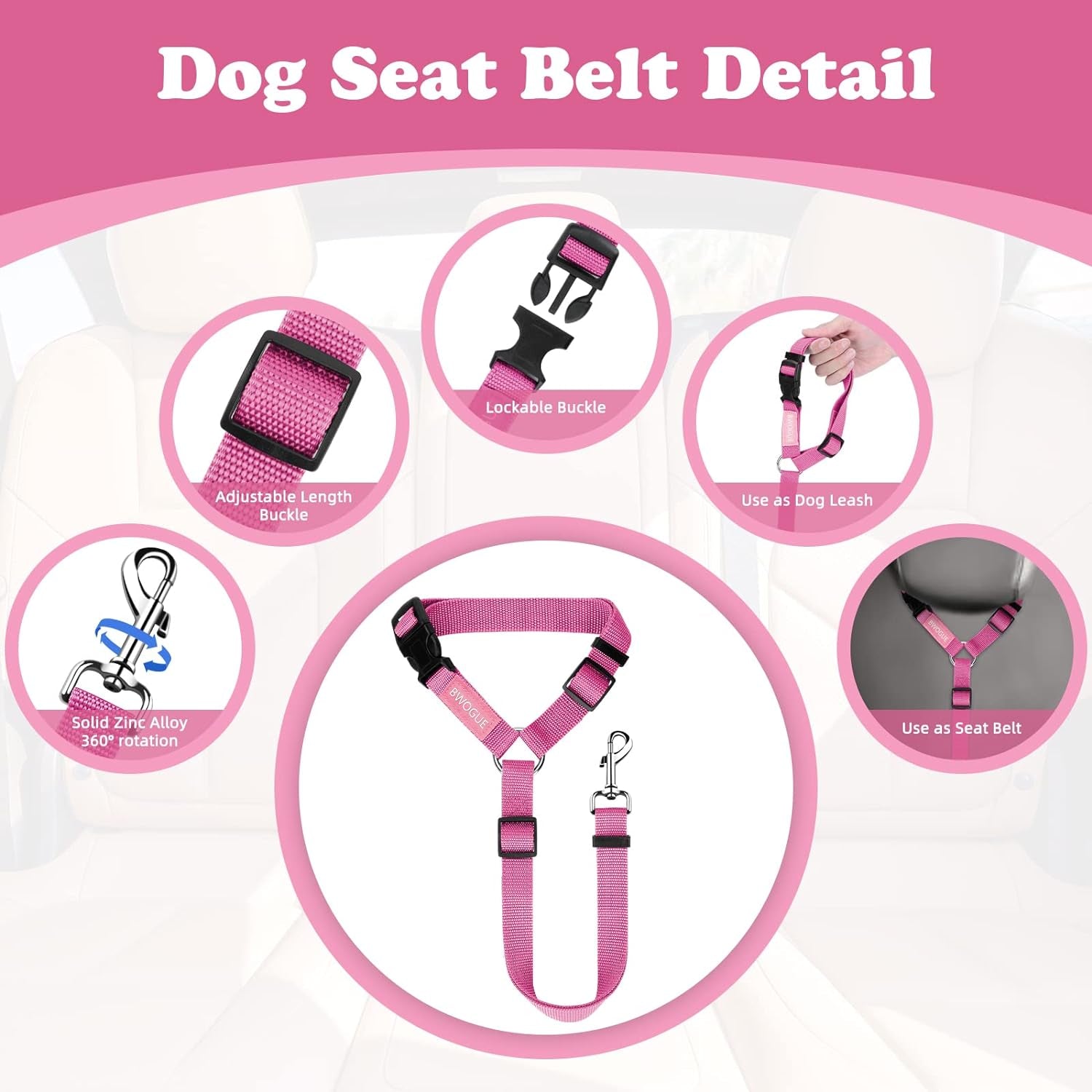 2-Pack Adjustable Dog & Cat Car Seat Belt Straps with Headrest Attachment
