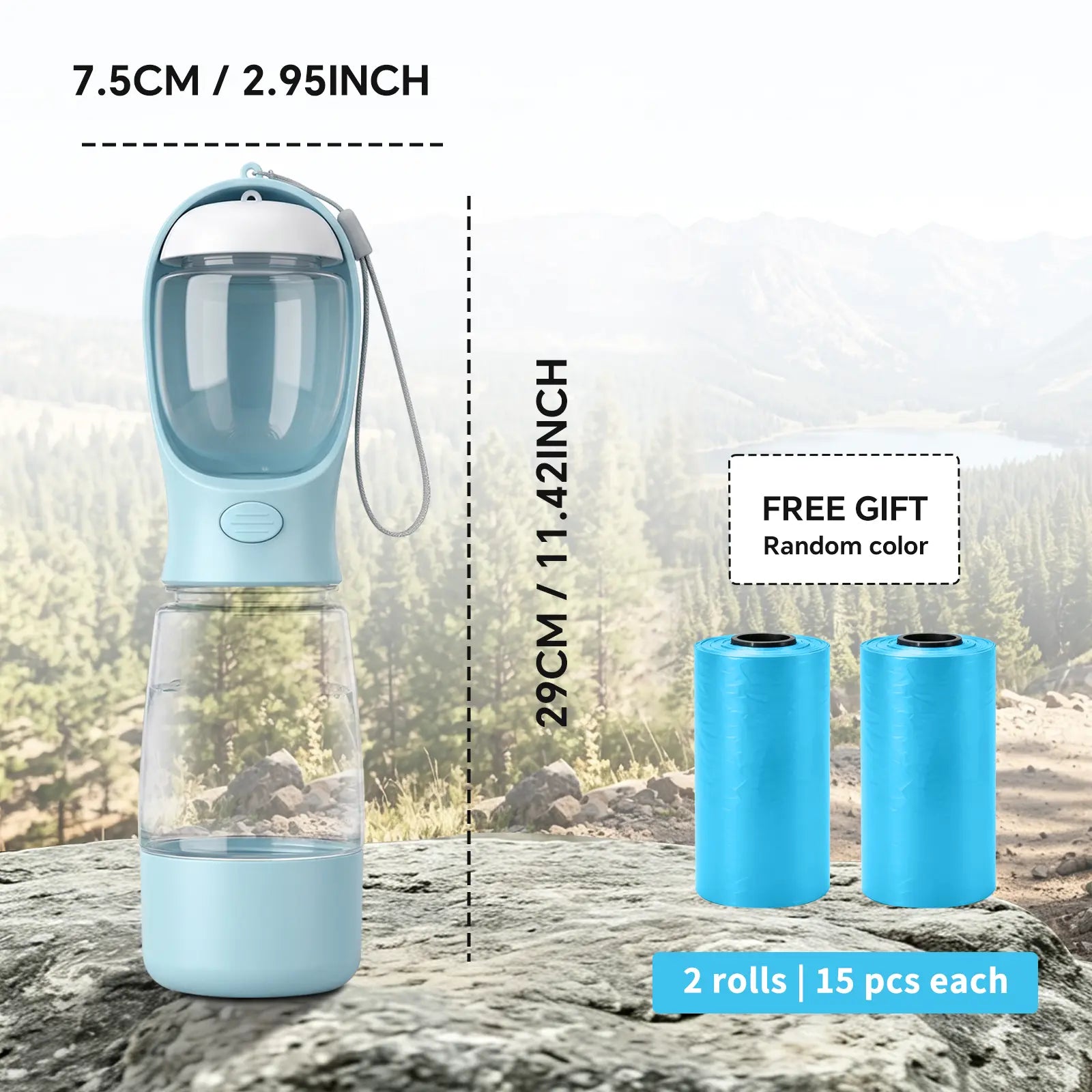 Portable 3-in-1 Leak-Proof Dog Water Bottle with Food Container and Built-In Waste Bag Dispenser, Includes 2 Rolls of 30 Waste Bags, Ideal for Travel, Walking, and Hiking (29cm x 7.5cm / 11.42in x 2.95in)
