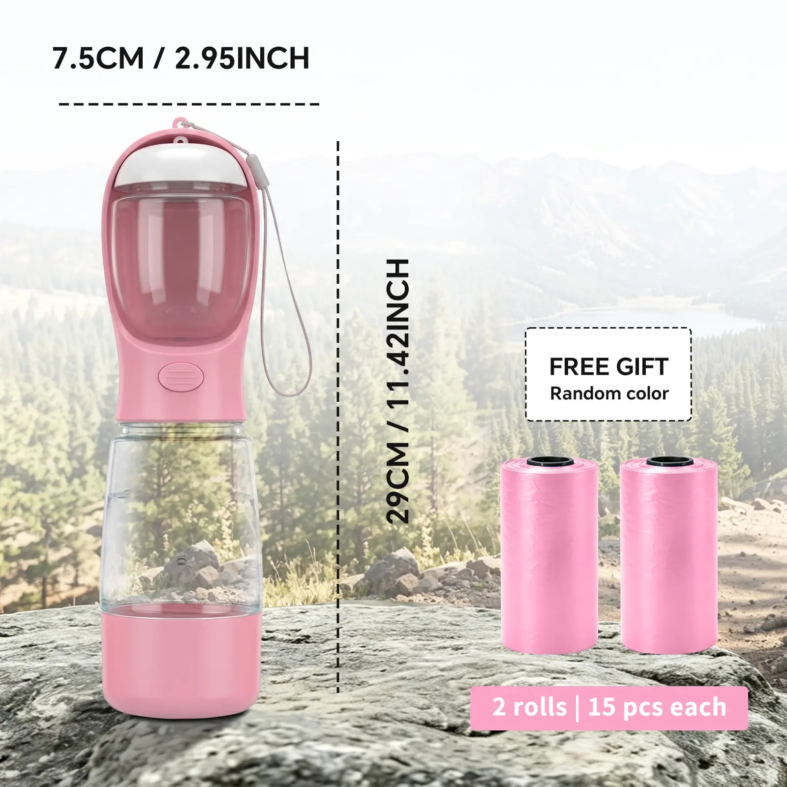 Portable 3-in-1 Leak-Proof Dog Water Bottle with Food Container and Built-In Waste Bag Dispenser, Includes 2 Rolls of 30 Waste Bags, Ideal for Travel, Walking, and Hiking (29cm x 7.5cm / 11.42in x 2.95in)