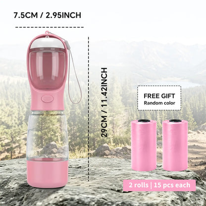 Portable 3-in-1 Leak-Proof Dog Water Bottle with Food Container and Built-In Waste Bag Dispenser, Includes 2 Rolls of 30 Waste Bags, Ideal for Travel, Walking, and Hiking (29cm x 7.5cm / 11.42in x 2.95in)