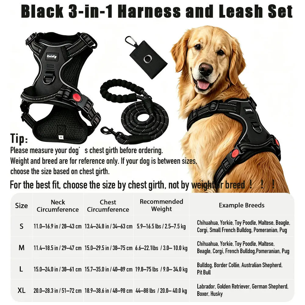 HELETY 3-in-1 Adjustable No-Pull Dog Vest Harness and Leash Set, Available in S-XL, Features Dual D-Ring Clips, 360° Reflective Design, Padded Chest, Durable Oxford Fabric, Night Safety, Integrated Poop Bag Holder, and Tangle-Free Bungee Strap for Running.