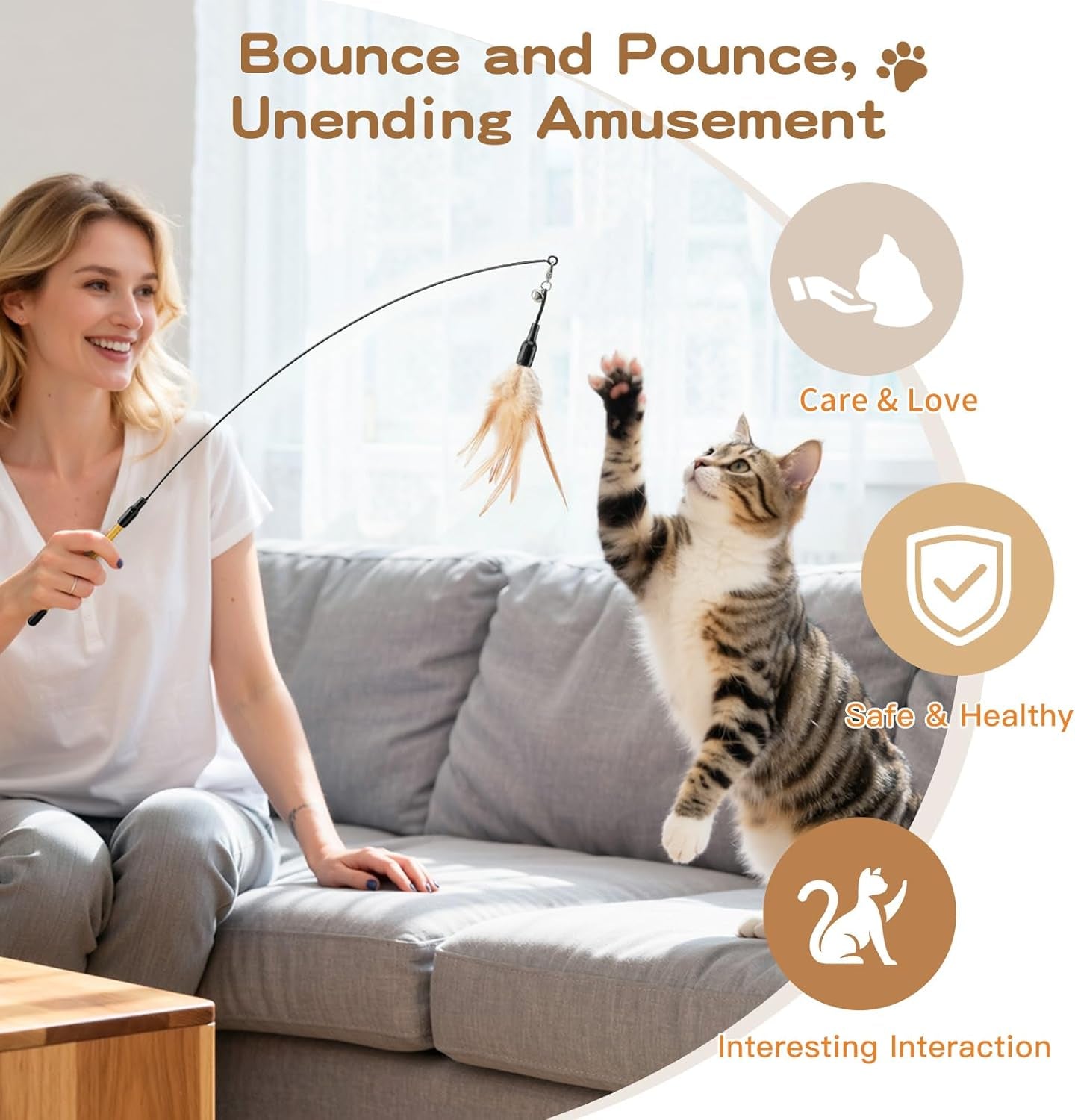 Interactive Feather Wand Cat Toy with Bell for Active Play & Exercise