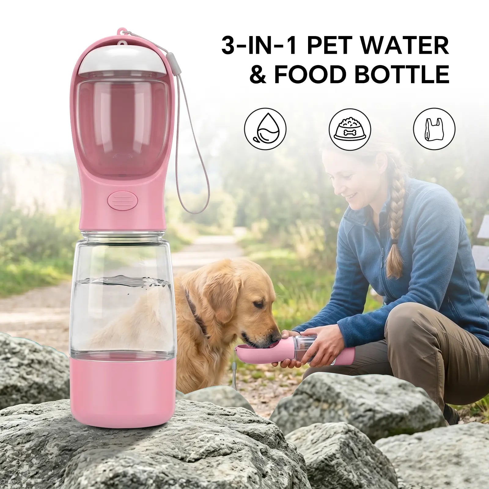 Portable 3-in-1 Leak-Proof Dog Water Bottle with Food Container and Built-In Waste Bag Dispenser, Includes 2 Rolls of 30 Waste Bags, Ideal for Travel, Walking, and Hiking (29cm x 7.5cm / 11.42in x 2.95in)