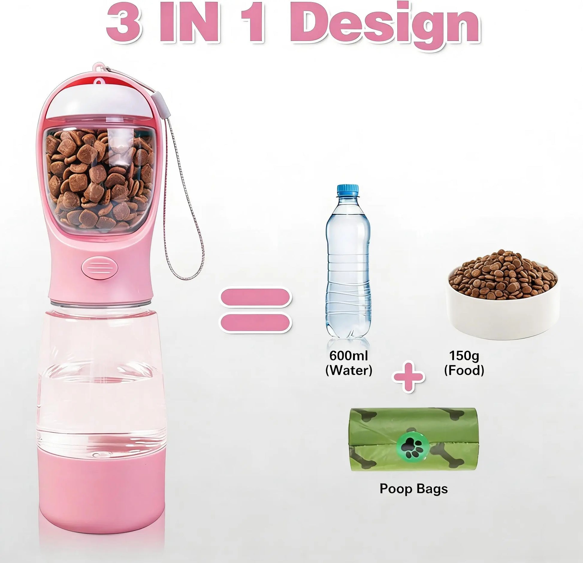 3-In-1 Portable Pet Water Bottle with Leak-Proof Storage & Built-In Poop Bag Dispenser. Ideal for Travel, Hiking and Outdoor Walks with Pets. Easy to Take Apart, Simple to Clean, Practical and Hassle-Free for Daily Outings. Dry Food Feeding