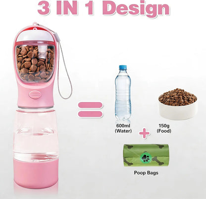 3-In-1 Portable Pet Water Bottle with Leak-Proof Storage & Built-In Poop Bag Dispenser. Ideal for Travel, Hiking and Outdoor Walks with Pets. Easy to Take Apart, Simple to Clean, Practical and Hassle-Free for Daily Outings. Dry Food Feeding