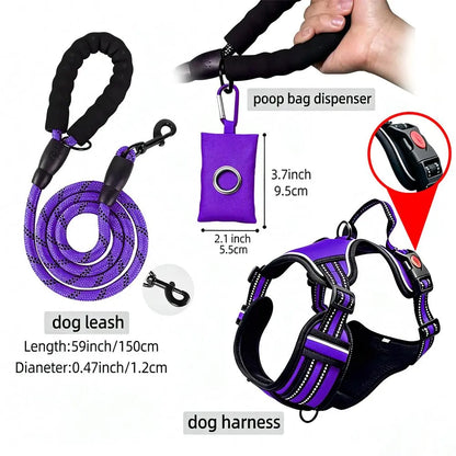 HELETY 3-in-1 Adjustable No-Pull Dog Vest Harness and Leash Set, Available in S-XL, Features Dual D-Ring Clips, 360° Reflective Design, Padded Chest, Durable Oxford Fabric, Night Safety, Integrated Poop Bag Holder, and Tangle-Free Bungee Strap for Running.