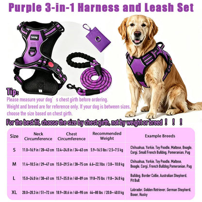 HELETY 3-in-1 Adjustable No-Pull Dog Vest Harness and Leash Set, Available in S-XL, Features Dual D-Ring Clips, 360° Reflective Design, Padded Chest, Durable Oxford Fabric, Night Safety, Integrated Poop Bag Holder, and Tangle-Free Bungee Strap for Running.