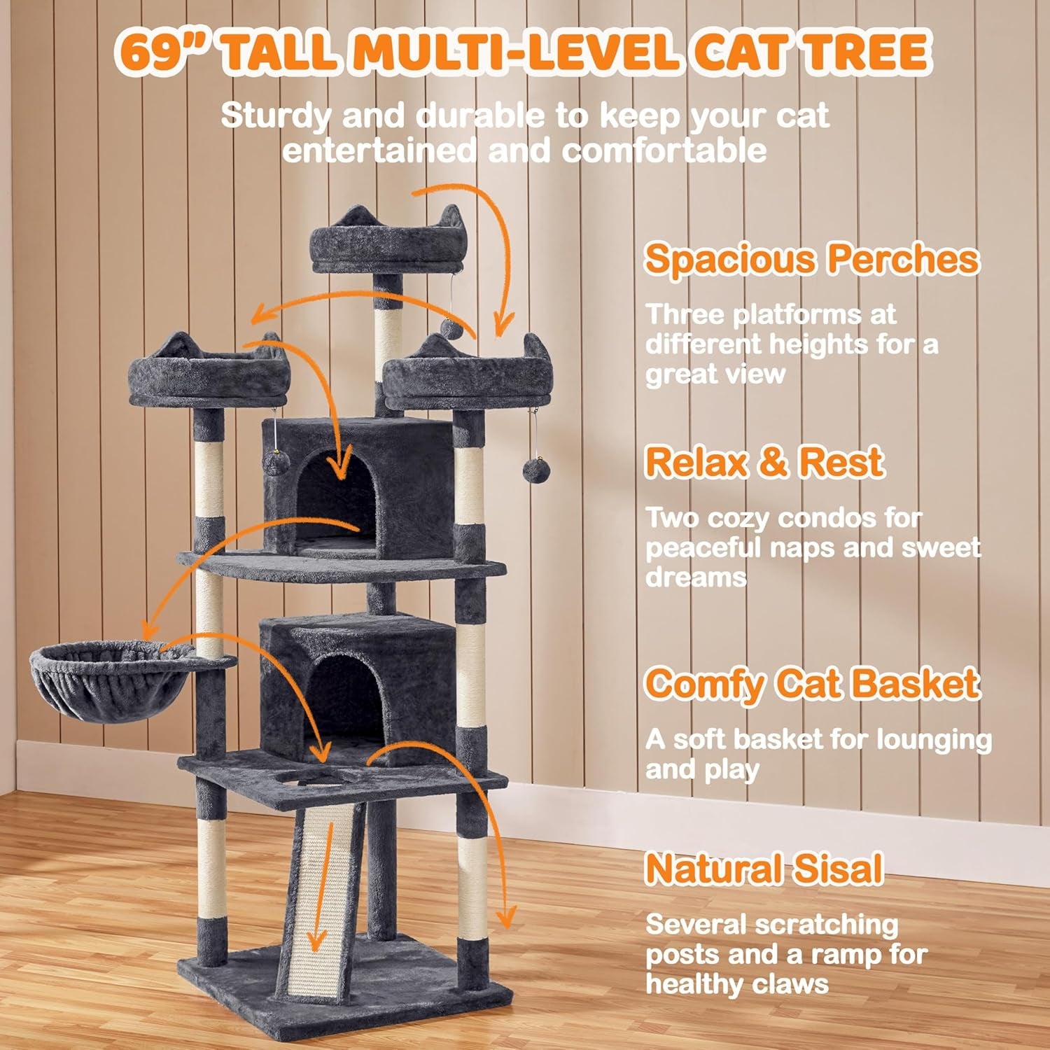69" Multi-Level Cat Tree Tower with Condos, Scratching Posts & Perches