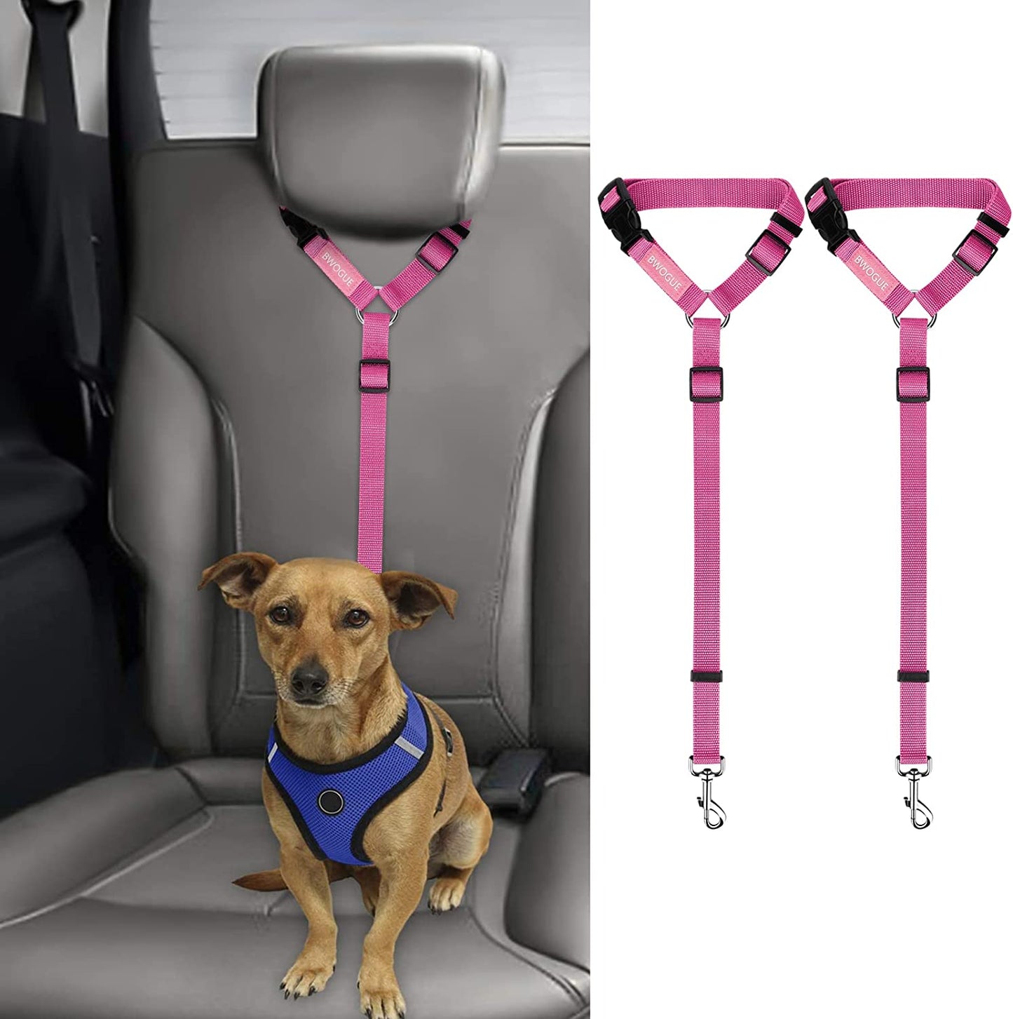 2-Pack Adjustable Dog & Cat Car Seat Belt Straps with Headrest Attachment