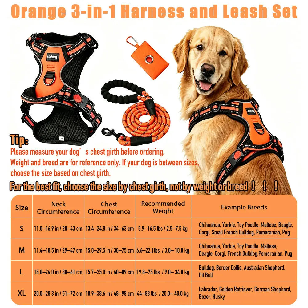 HELETY 3-in-1 Adjustable No-Pull Dog Vest Harness and Leash Set, Available in S-XL, Features Dual D-Ring Clips, 360° Reflective Design, Padded Chest, Durable Oxford Fabric, Night Safety, Integrated Poop Bag Holder, and Tangle-Free Bungee Strap for Running.