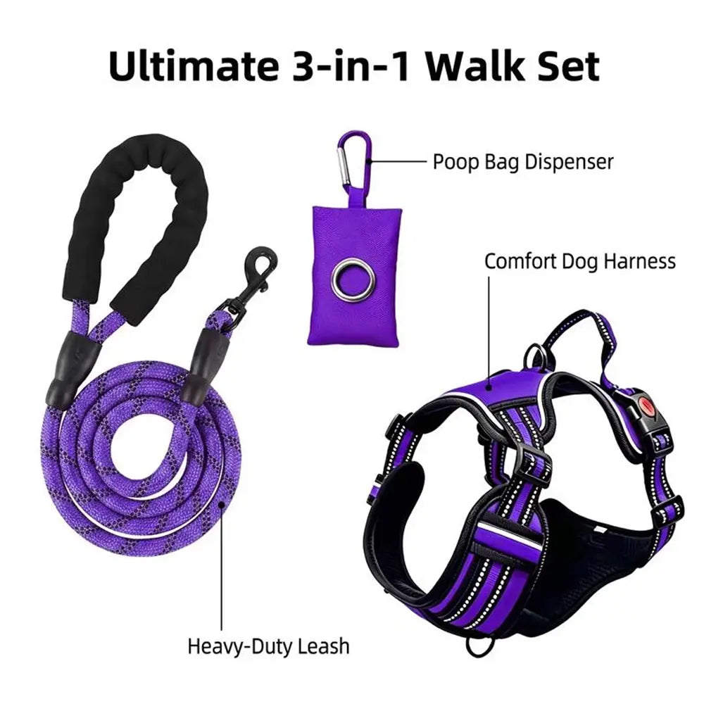 HELETY 3-in-1 Adjustable No-Pull Dog Vest Harness and Leash Set, Available in S-XL, Features Dual D-Ring Clips, 360° Reflective Design, Padded Chest, Durable Oxford Fabric, Night Safety, Integrated Poop Bag Holder, and Tangle-Free Bungee Strap for Running.