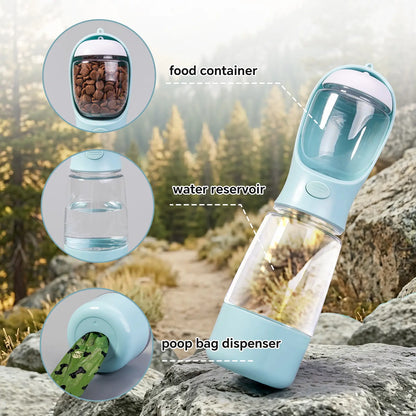 Portable 3-in-1 Leak-Proof Dog Water Bottle with Food Container and Built-In Waste Bag Dispenser, Includes 2 Rolls of 30 Waste Bags, Ideal for Travel, Walking, and Hiking (29cm x 7.5cm / 11.42in x 2.95in)