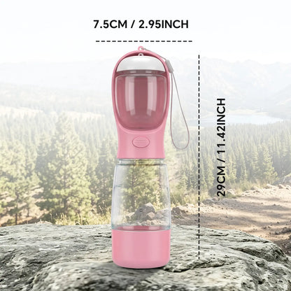 Portable 3-in-1 Leak-Proof Dog Water Bottle with Food Container and Built-In Waste Bag Dispenser, Includes 2 Rolls of 30 Waste Bags, Ideal for Travel, Walking, and Hiking (29cm x 7.5cm / 11.42in x 2.95in)