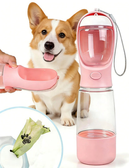 3-In-1 Portable Pet Water Bottle with Leak-Proof Storage & Built-In Poop Bag Dispenser. Ideal for Travel, Hiking and Outdoor Walks with Pets. Easy to Take Apart, Simple to Clean, Practical and Hassle-Free for Daily Outings. Dry Food Feeding